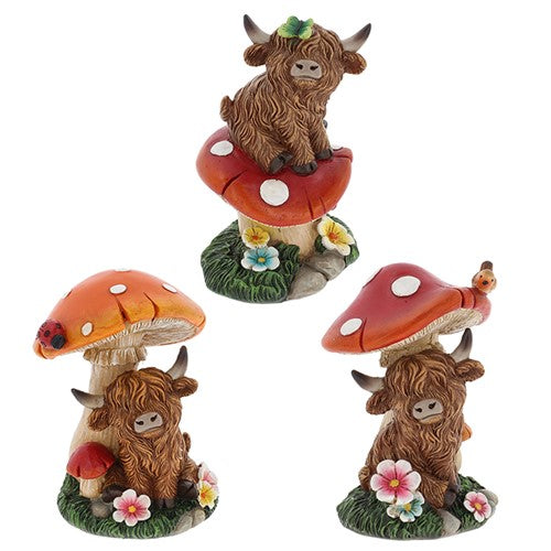 Highland cow with mushroom and flowers