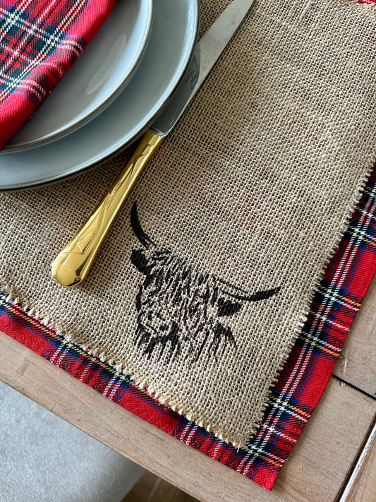 Royal Stewart tartan placemats with highland cow