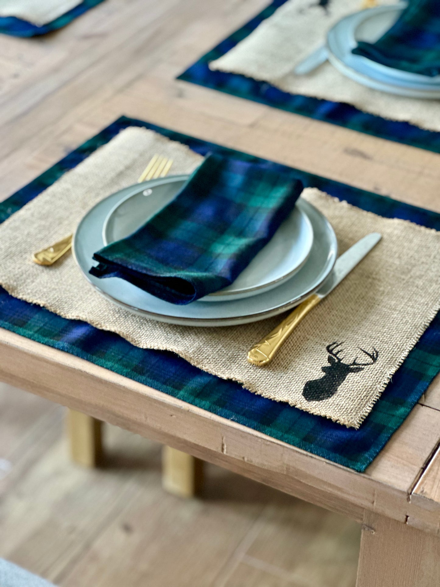 Black Watch tartan placemats with stag