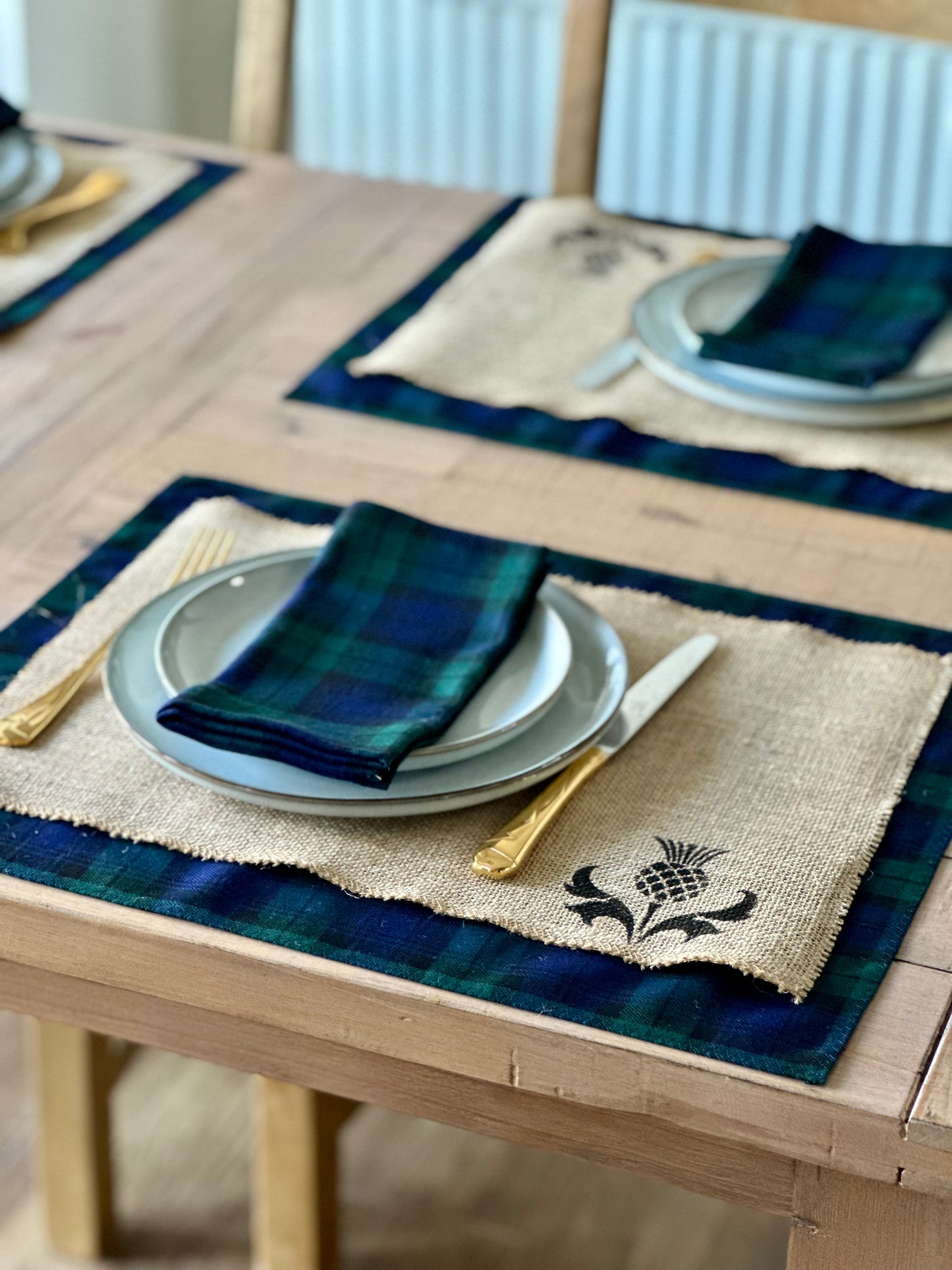 Black Watch tartan placemats with thistle