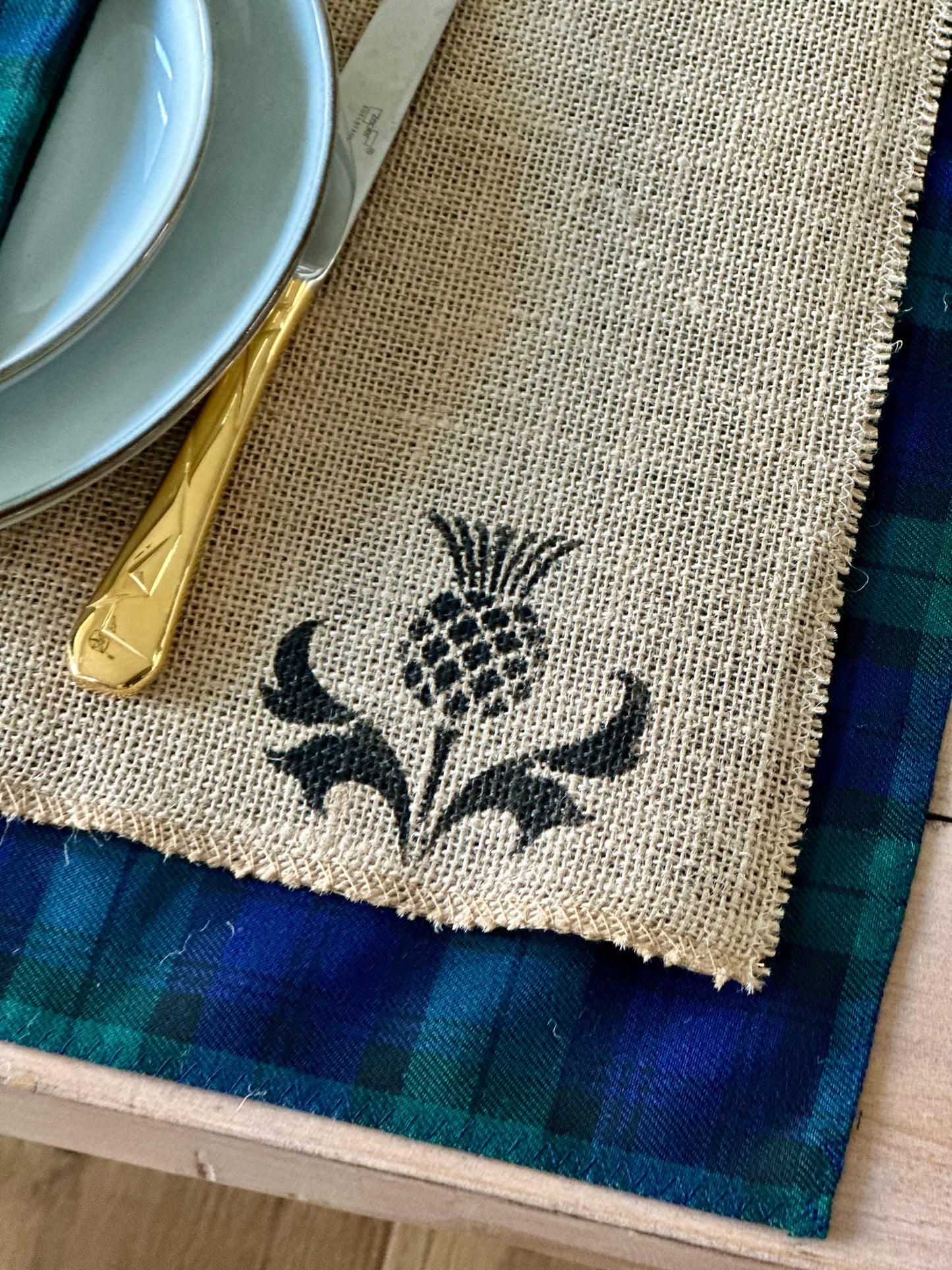 Black Watch tartan placemats with thistle