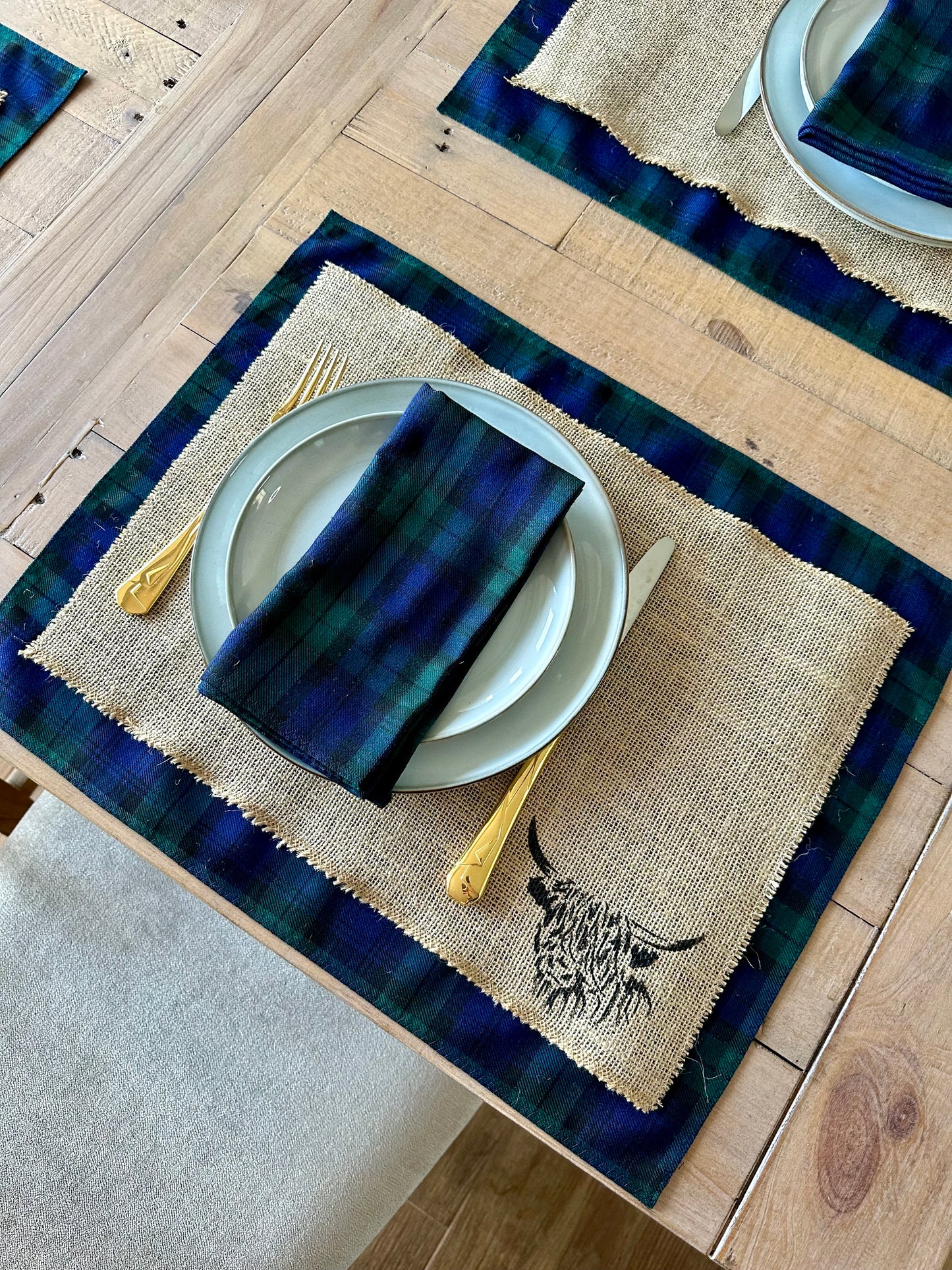 Black Watch tartan placemats with highland cow