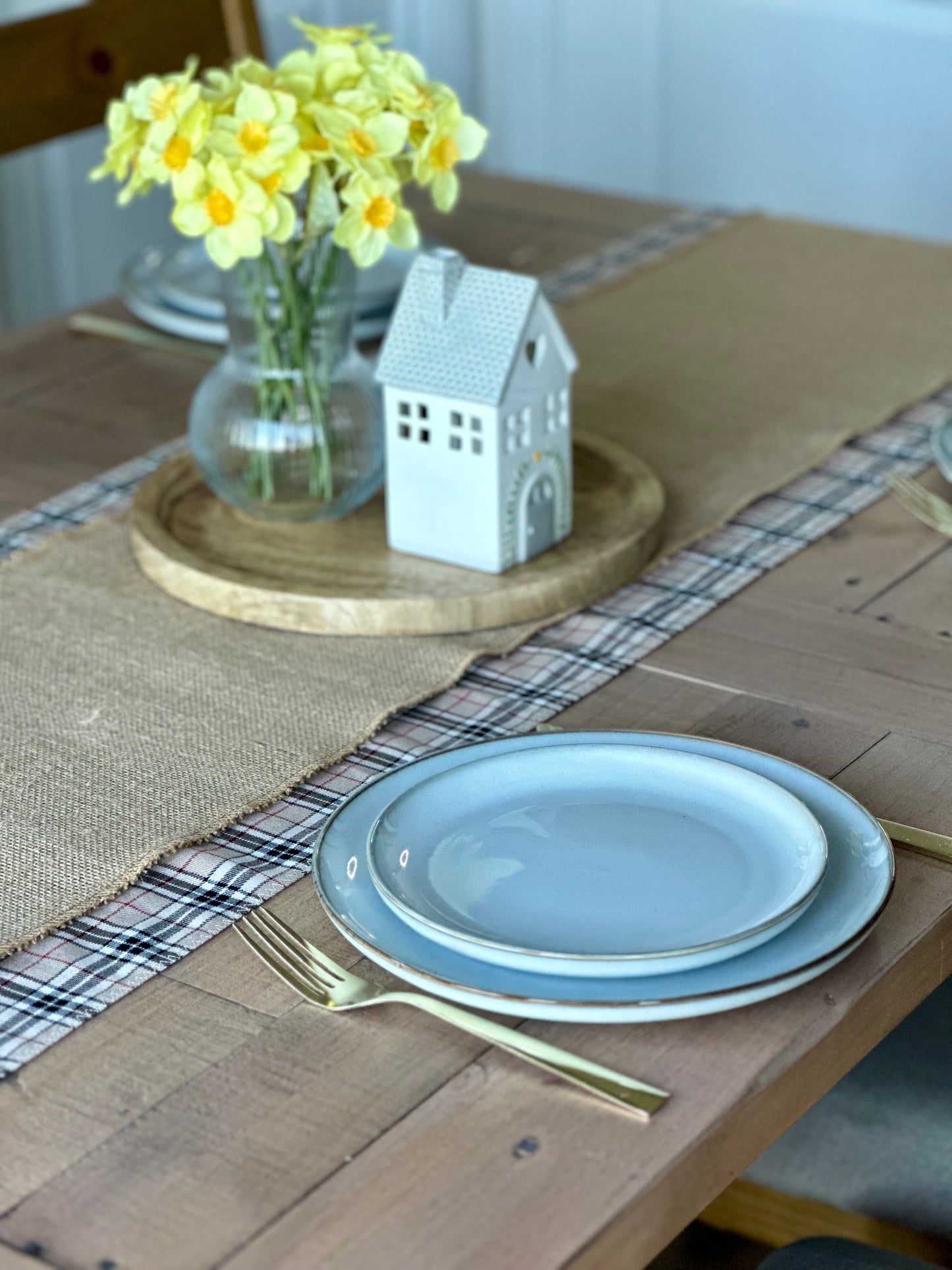 Neutral tartan table runner