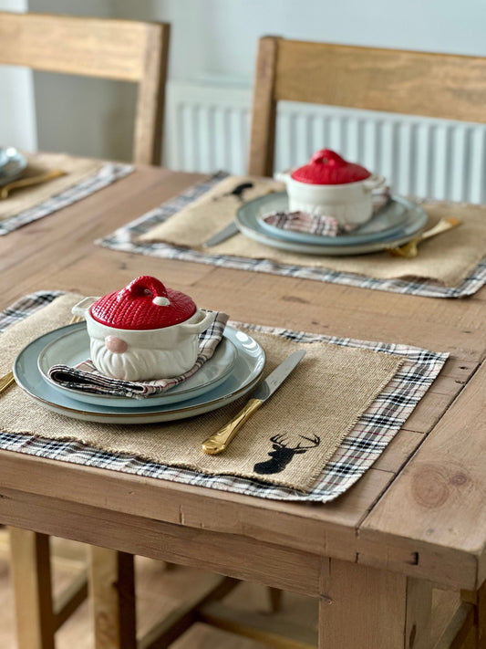 Neutral tartan placemats with stag