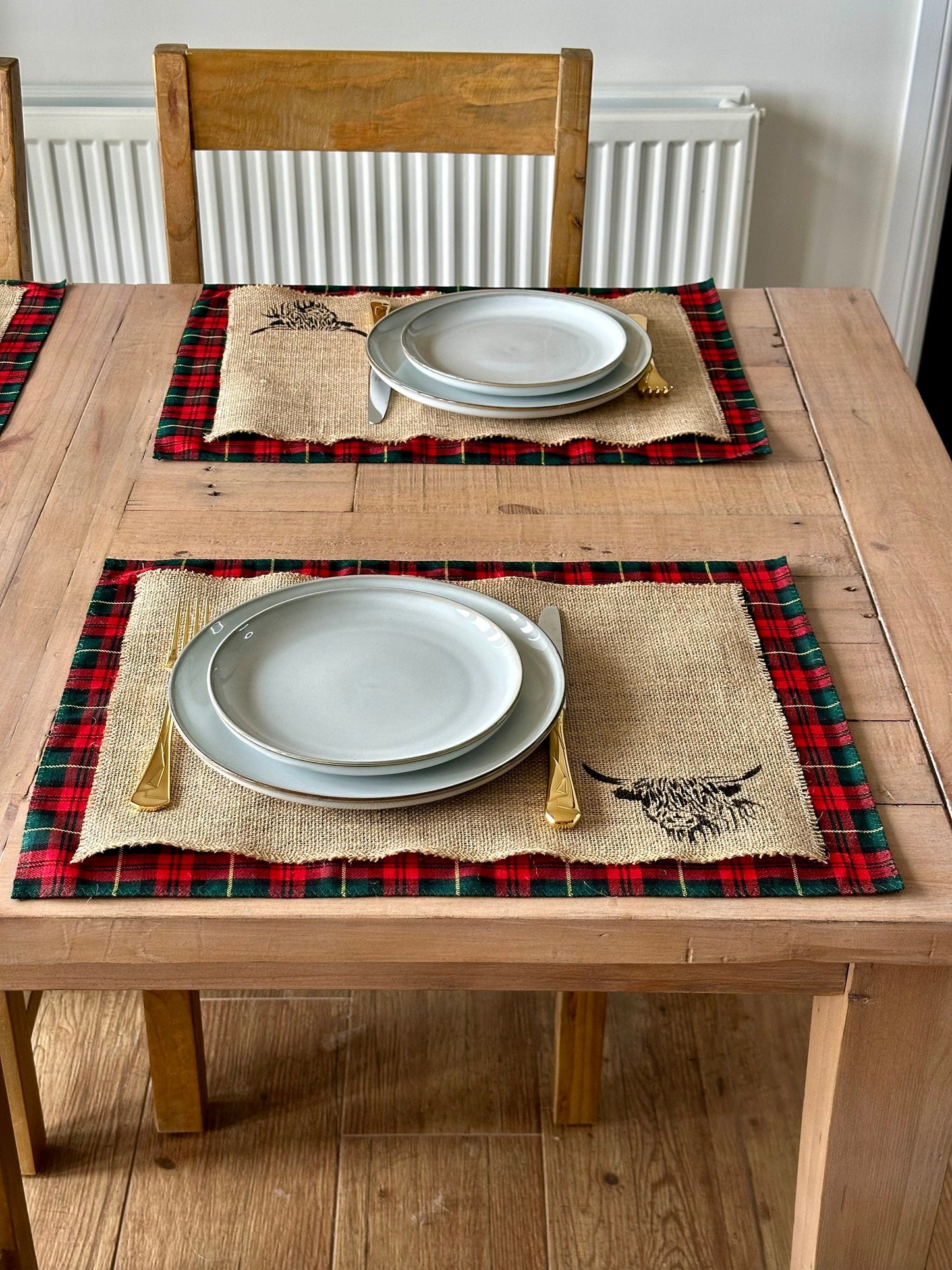 Christmas tartan placemats with highland cow