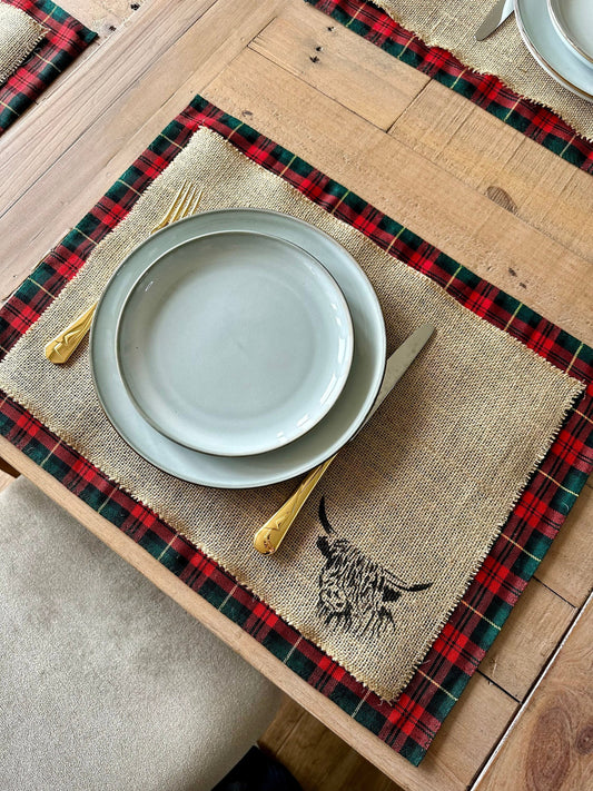 Christmas tartan placemats with highland cow