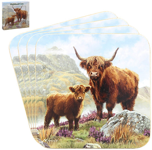 Highland cow and calf coaster set