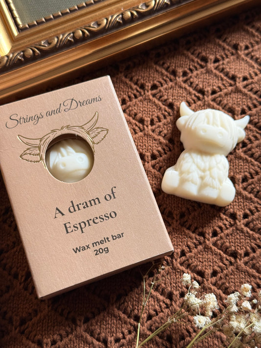 A dram of Espresso Highland Cow wax melt bar