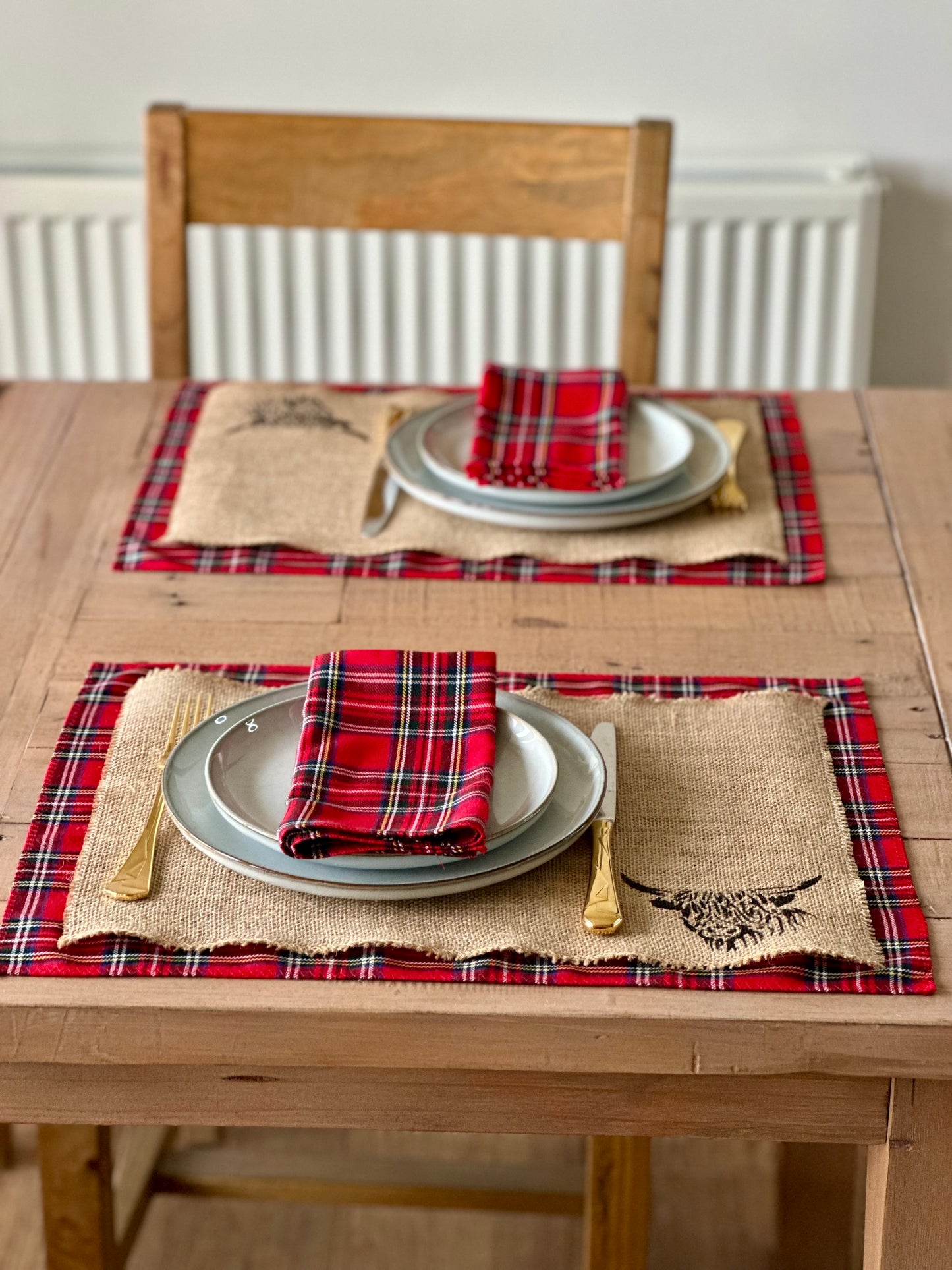 Royal Stewart tartan placemats with highland cow