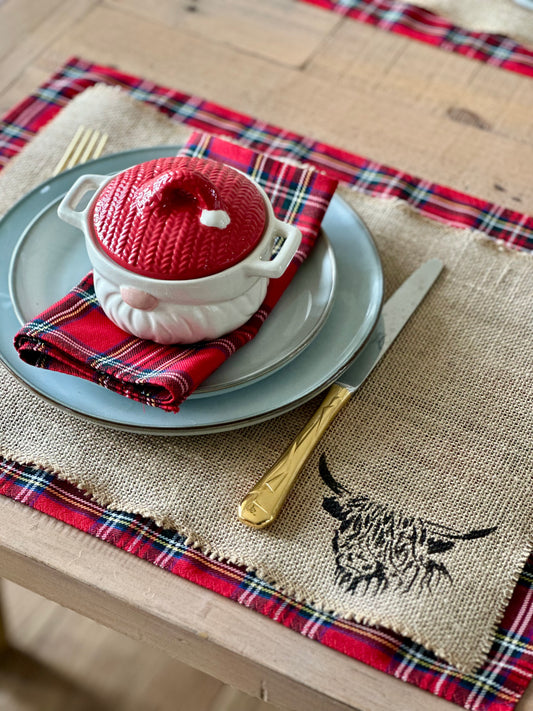 Royal Stewart tartan placemats with highland cow