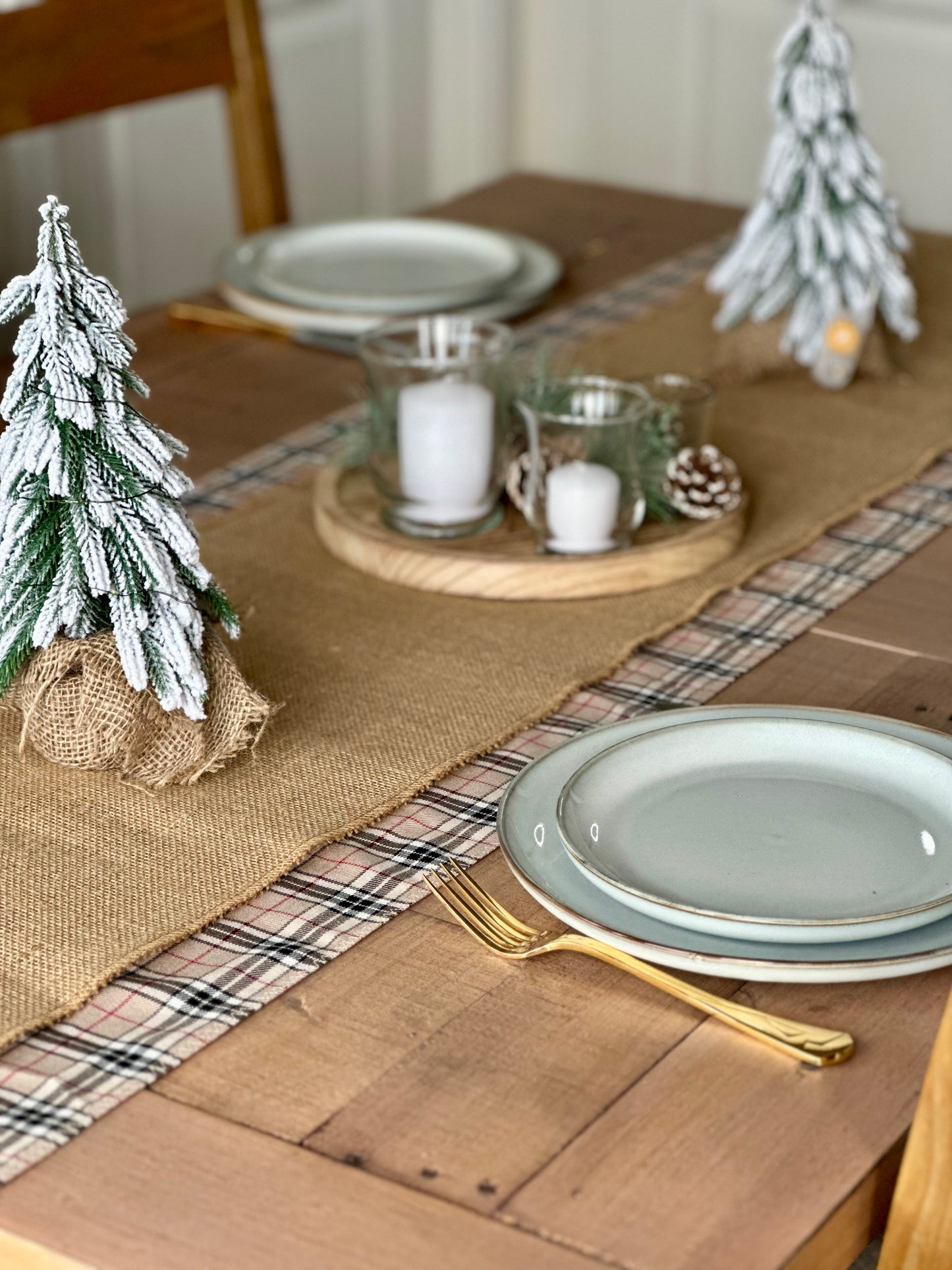 Neutral tartan table runner