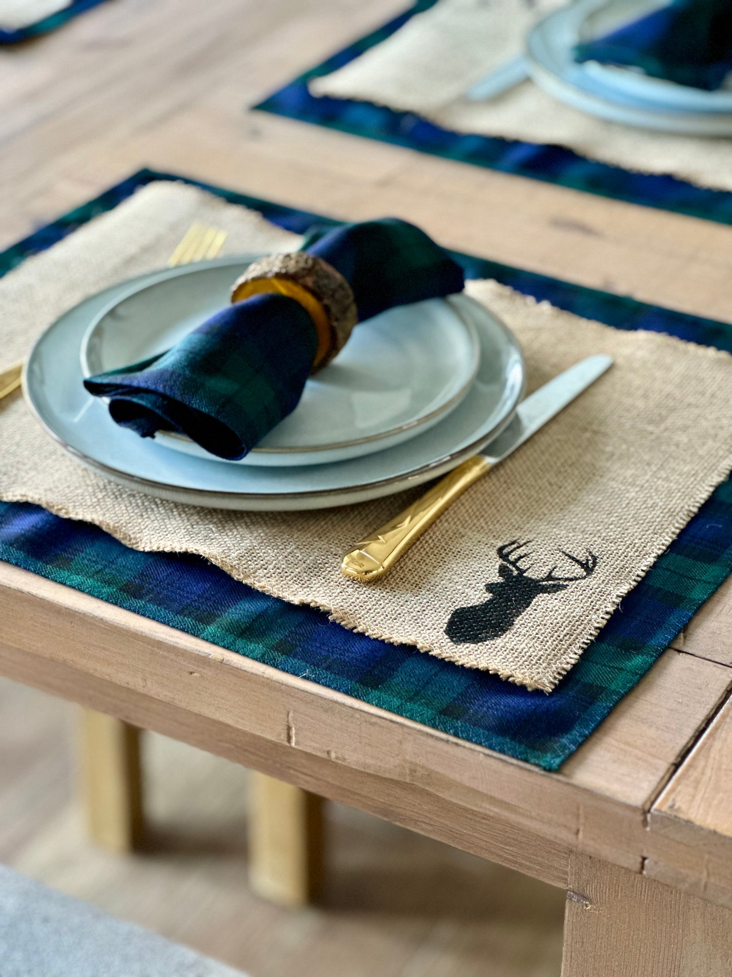 Black Watch tartan placemats with stag