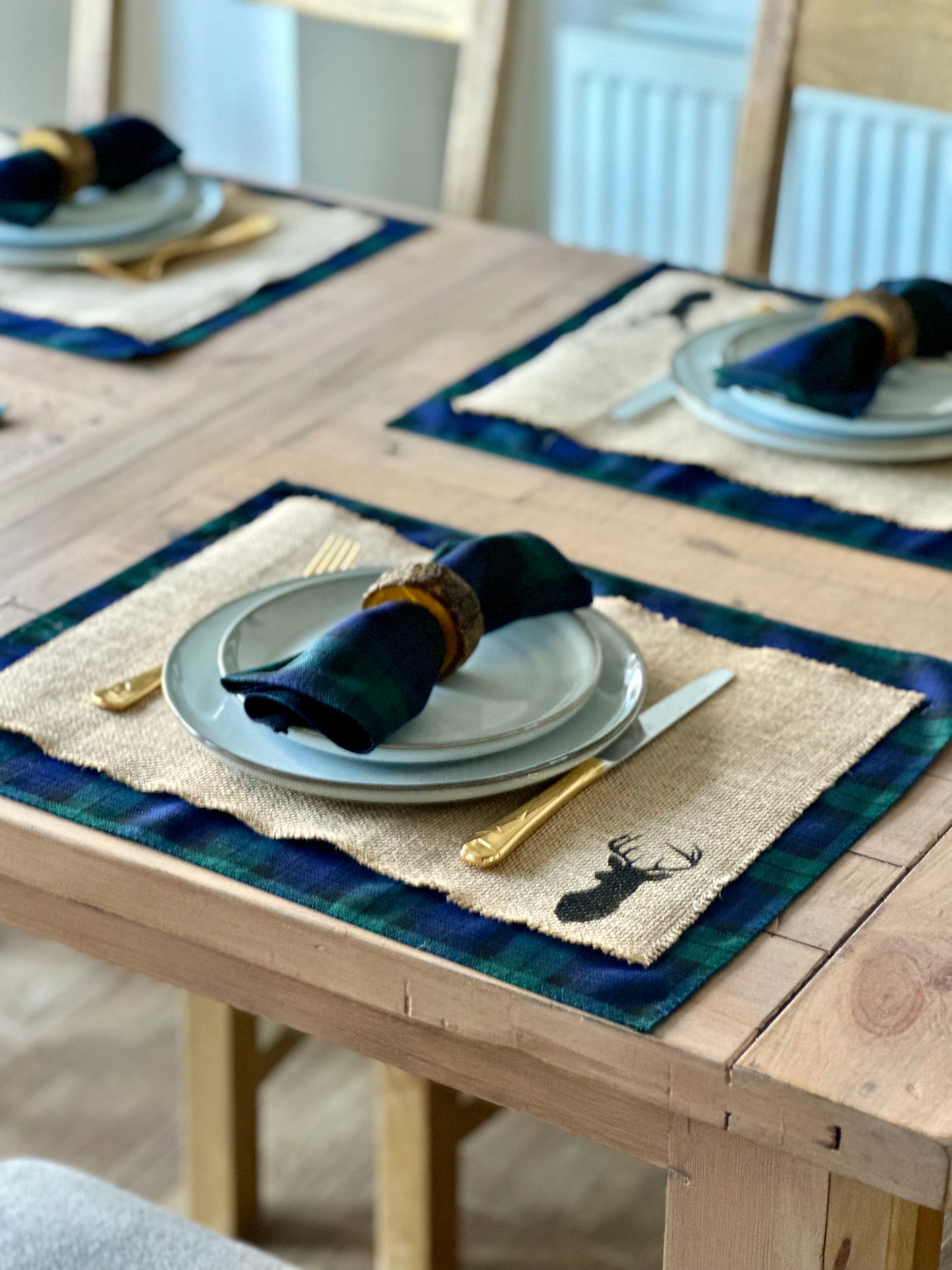 Black Watch tartan placemats with stag