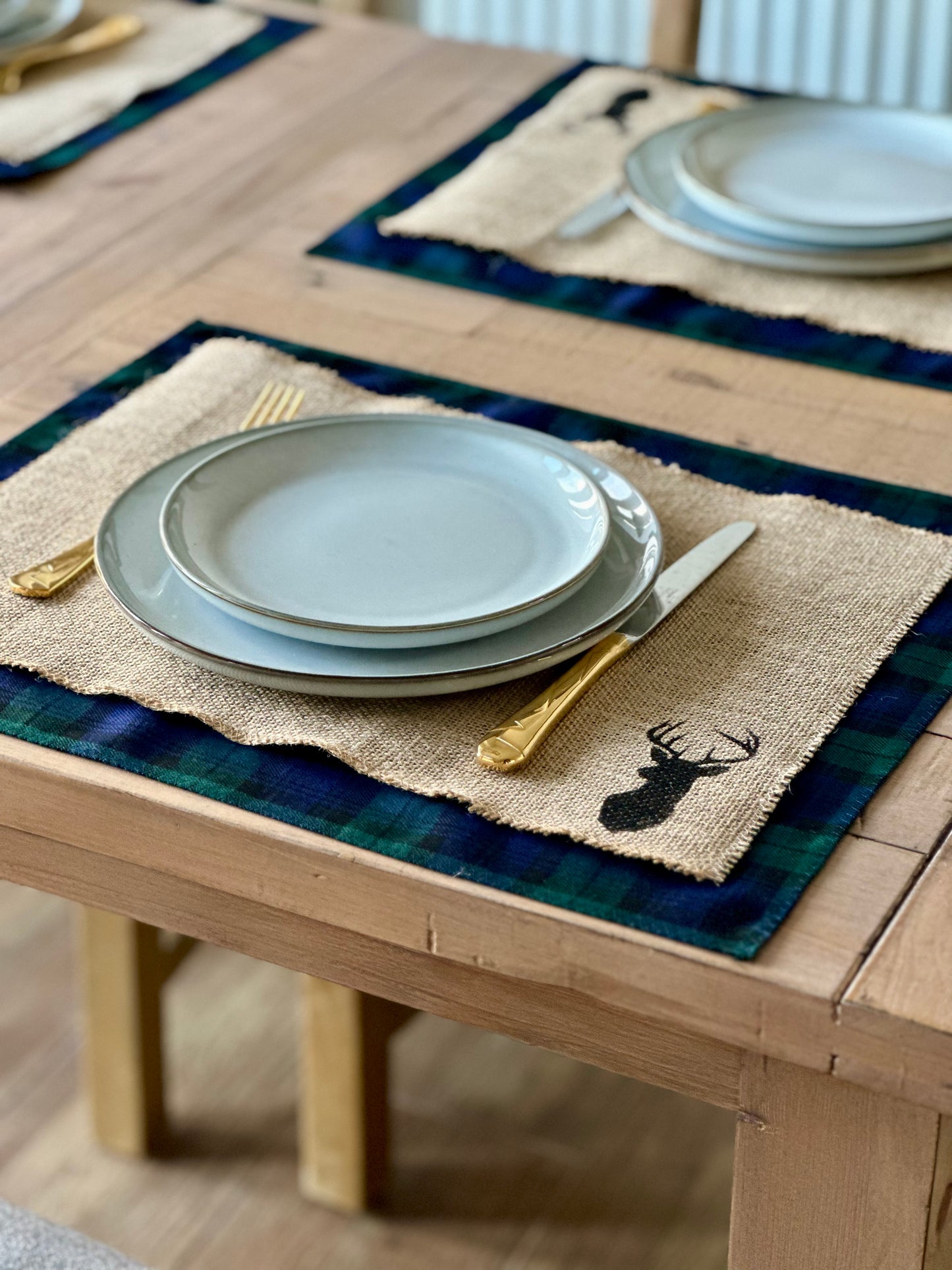 Black Watch tartan placemats with stag