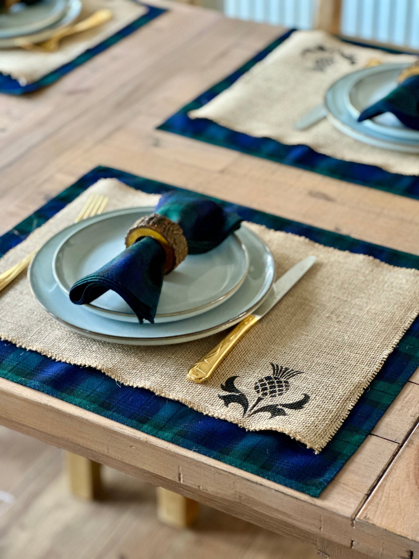 Black Watch tartan placemats with thistle