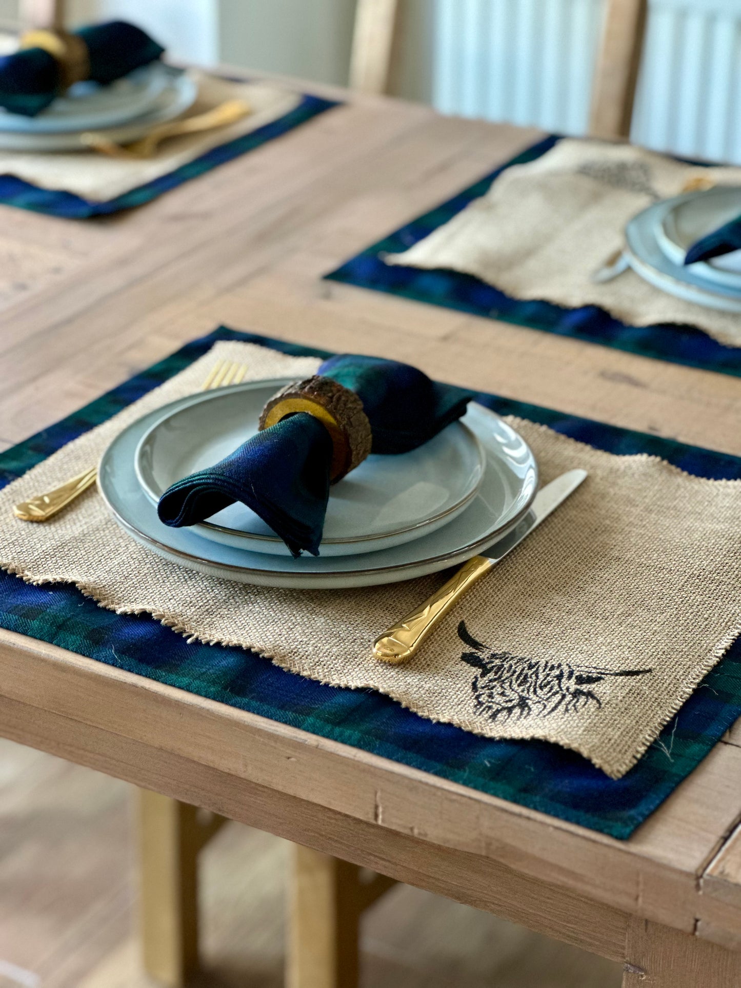 Black Watch tartan placemats with highland cow