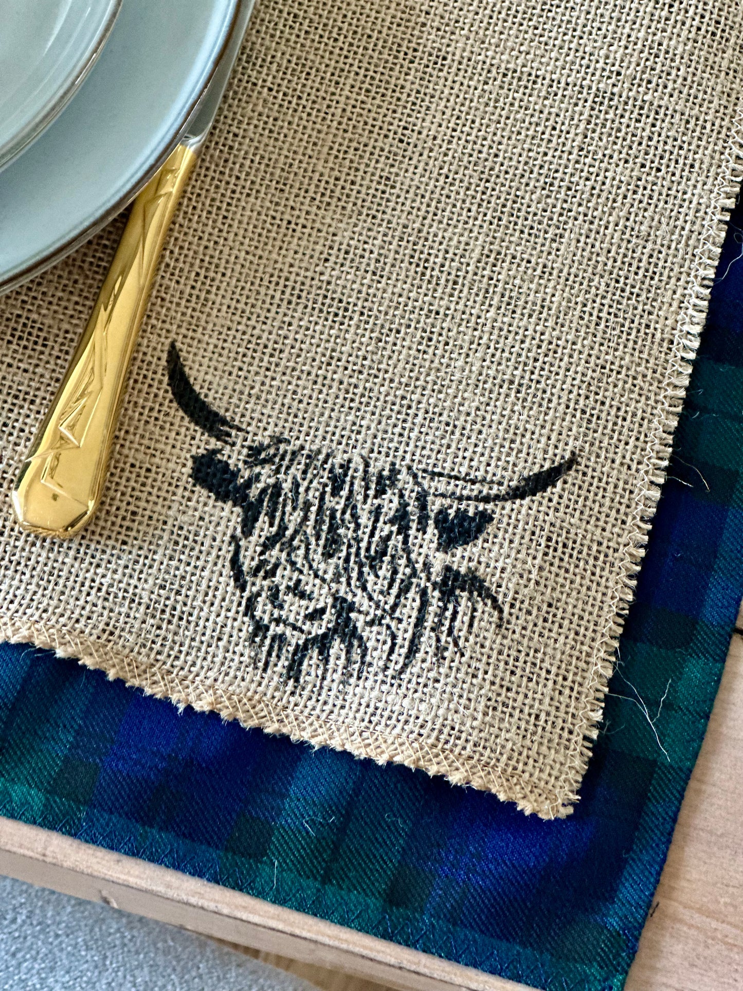 Black Watch tartan placemats with highland cow