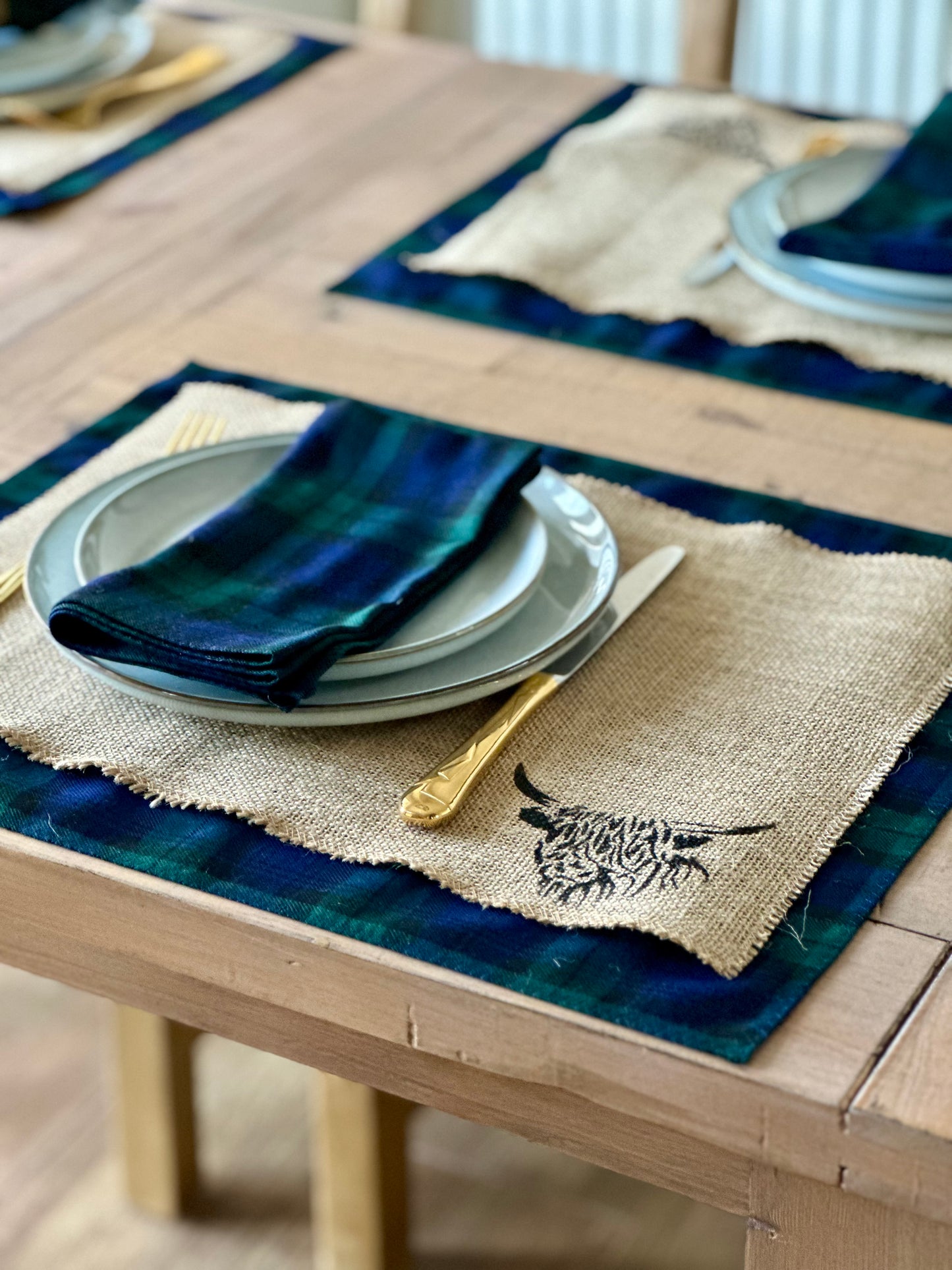 Black Watch tartan placemats with highland cow