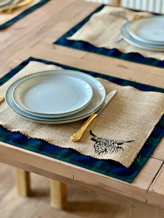 Black Watch tartan placemats with highland cow