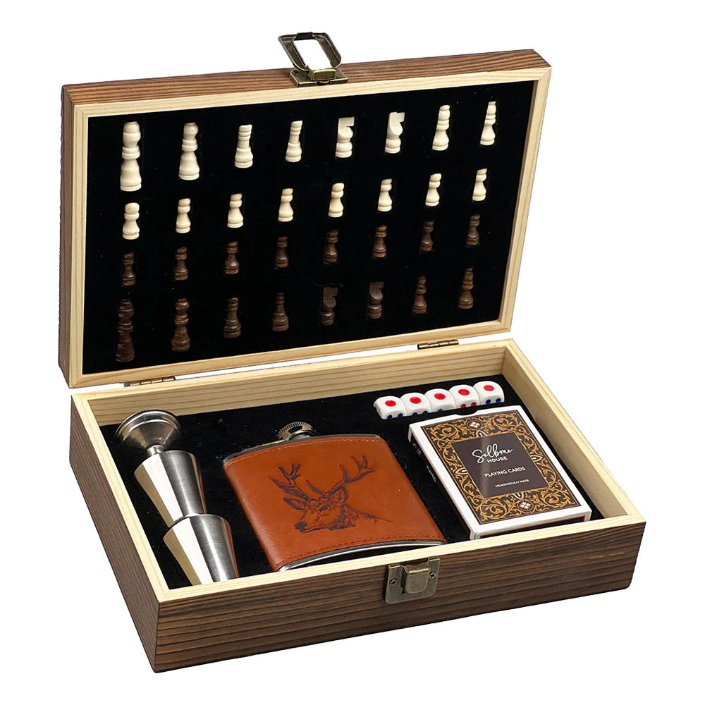 Selbrae Stag Game set with chess game, stag leather flask, playing cards set , dices and small stainless steel shot glasses. All packed in a beautiful wooden box.