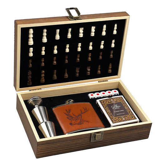 Selbrae Stag Game set with chess game, stag leather flask, playing cards set , dices and small stainless steel shot glasses. All packed in a beautiful wooden box.