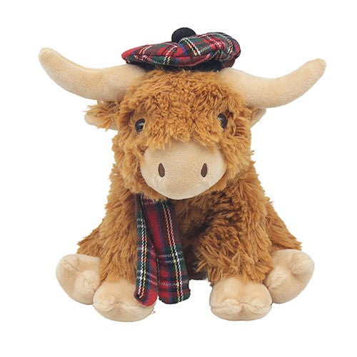 Highland Cow toy with tartan hat and scarf