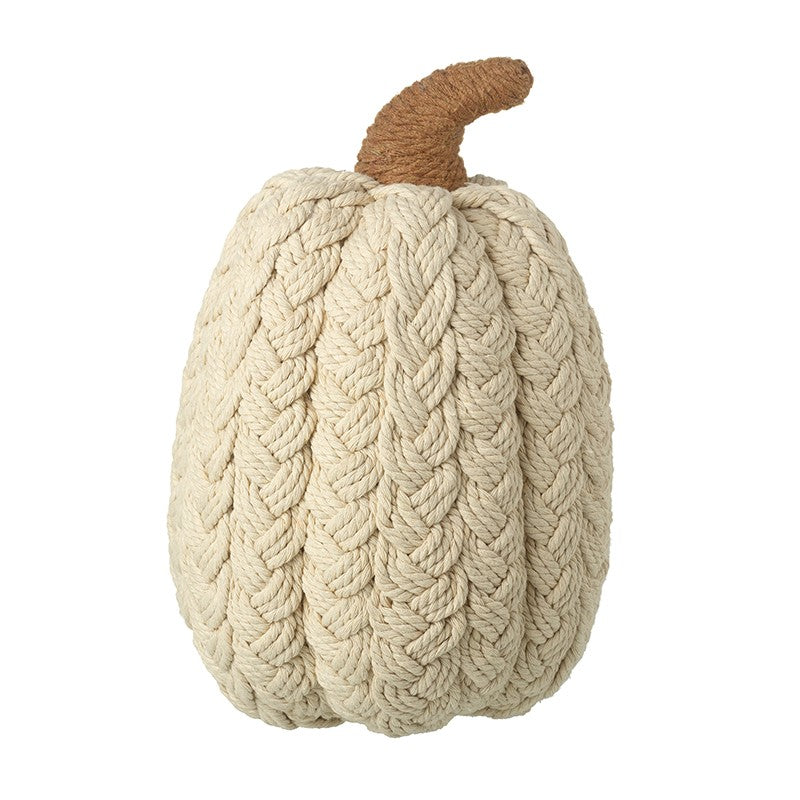 A decorative knitted rope pumpkin in a warm cream-beige color with a textured brown stem. Rustic farmhouse autumn decor