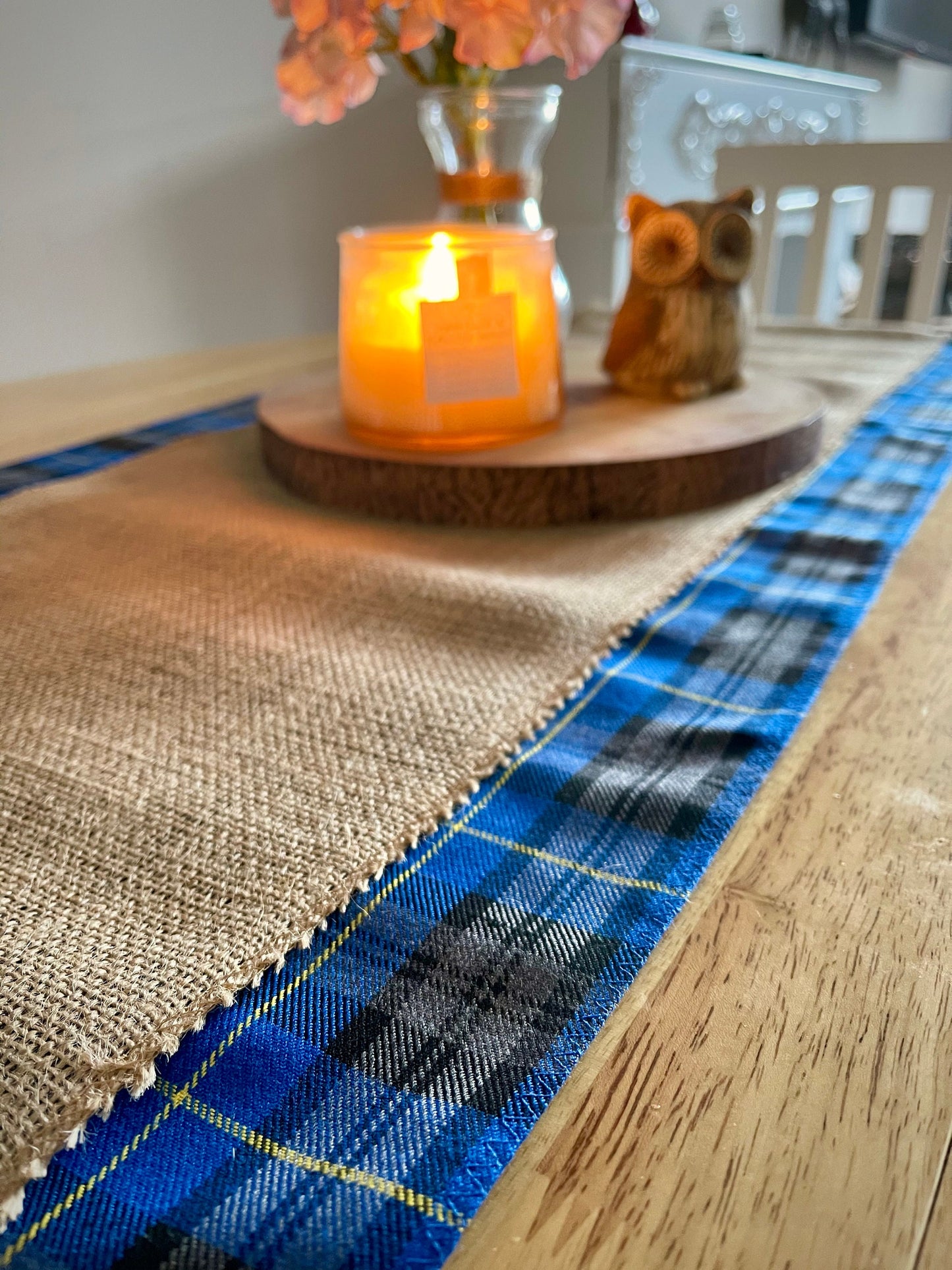 Blue tartan table runner