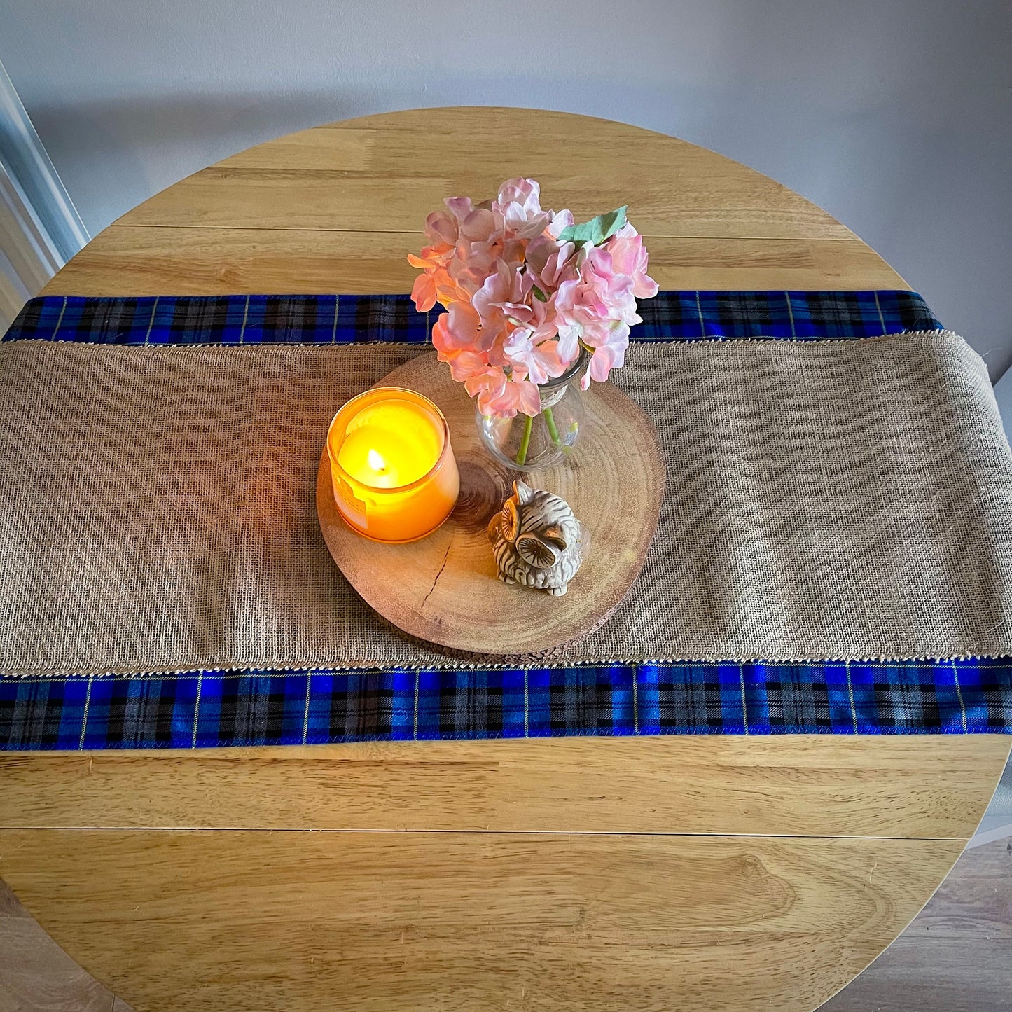 Blue tartan table runner