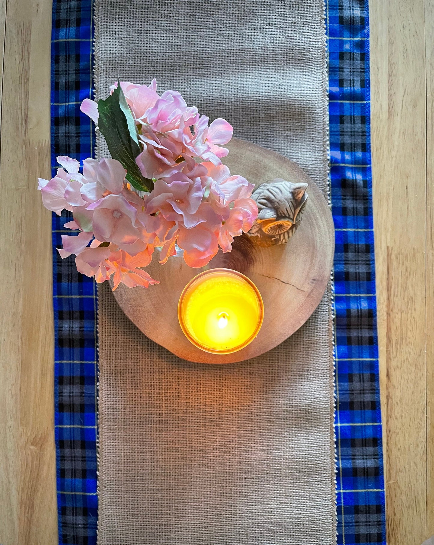 Blue tartan table runner