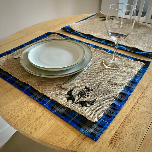 Blue tartan placemats with thistle