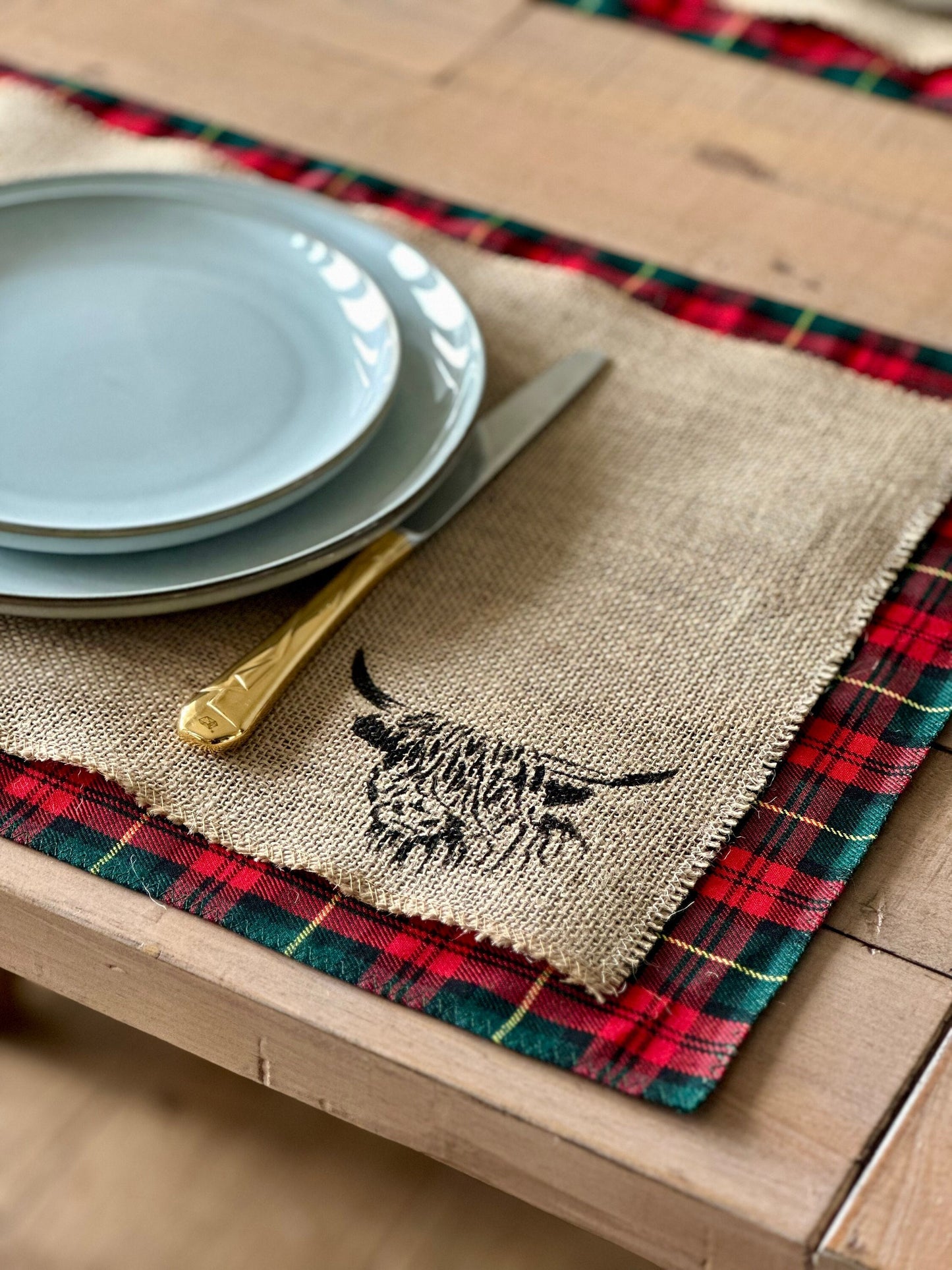 Christmas tartan placemats with highland cow